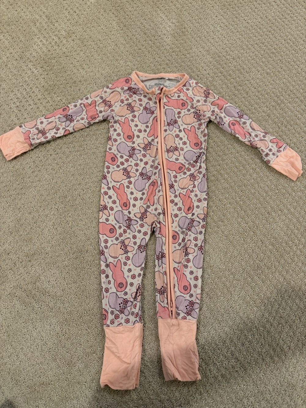 Pink Bunny & Floral Footed Kids One-Piece with Easy Zip